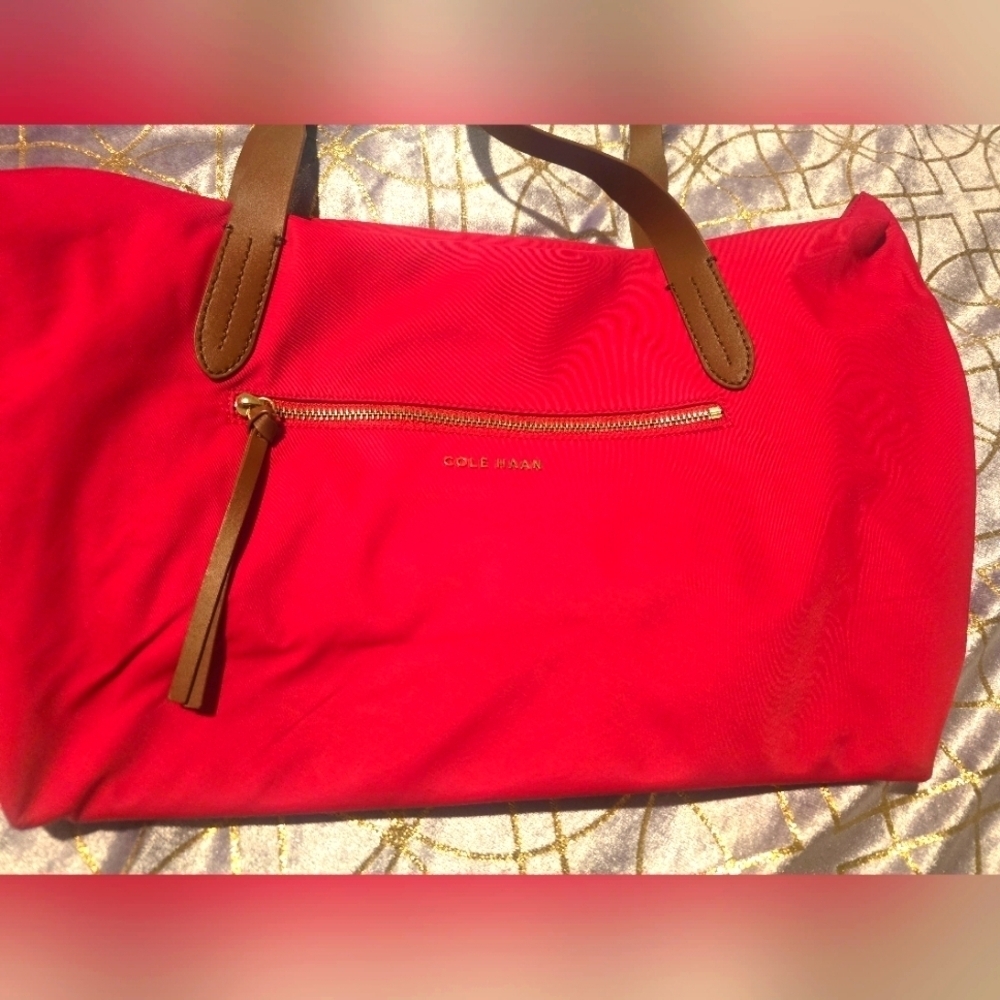 Cole Haan Red and Brown Canvas Tote